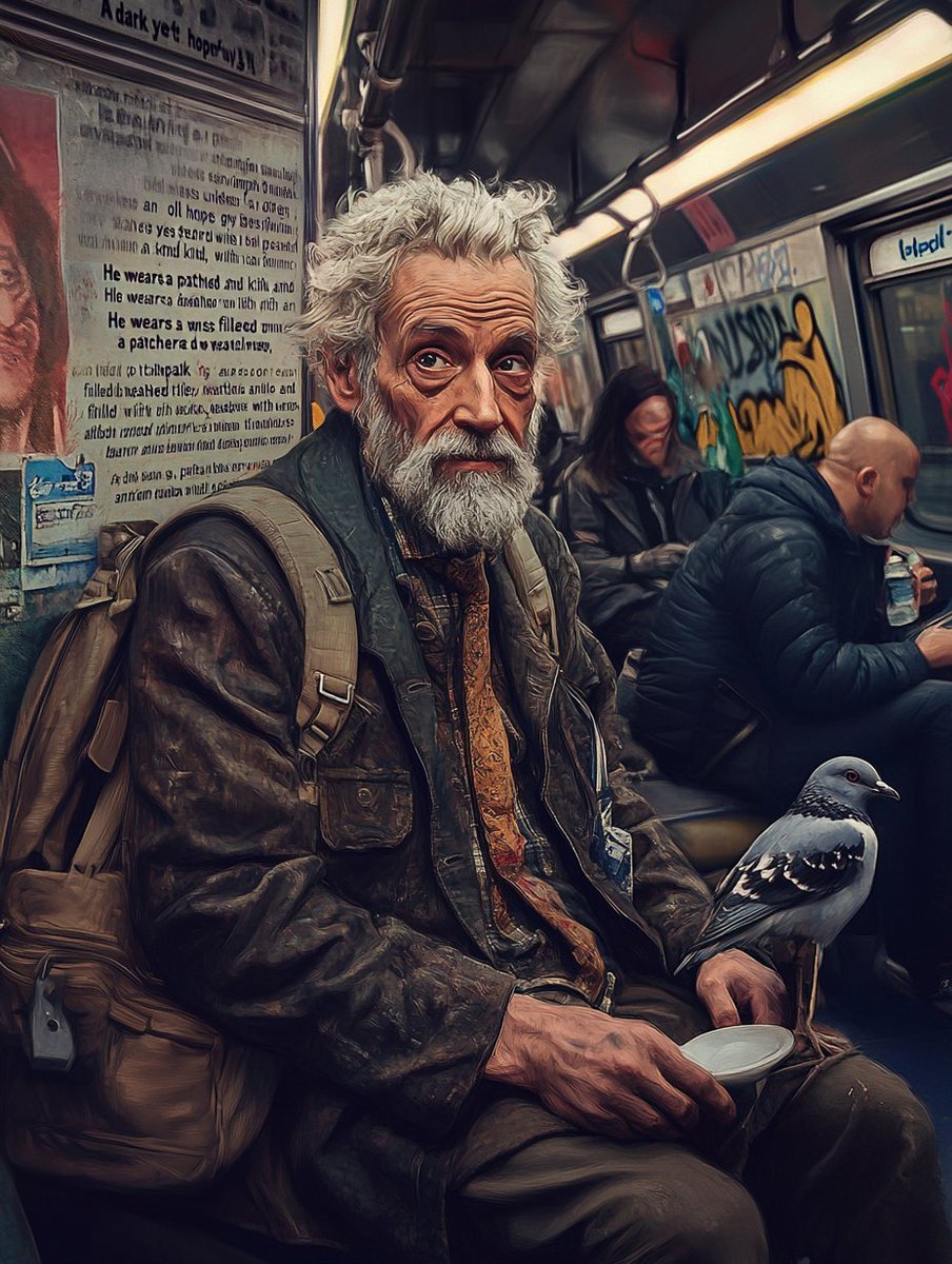 HoboBilly's tweet photo. Took the NYC subway today. Sat down, exhausted, staring into the void like everyone else. Across from me, a guy in a tux was eating a gas station hot dog like it was a five-star meal. Respect. 🚇🌭  1/ https://t.co/qPDh04i7P3