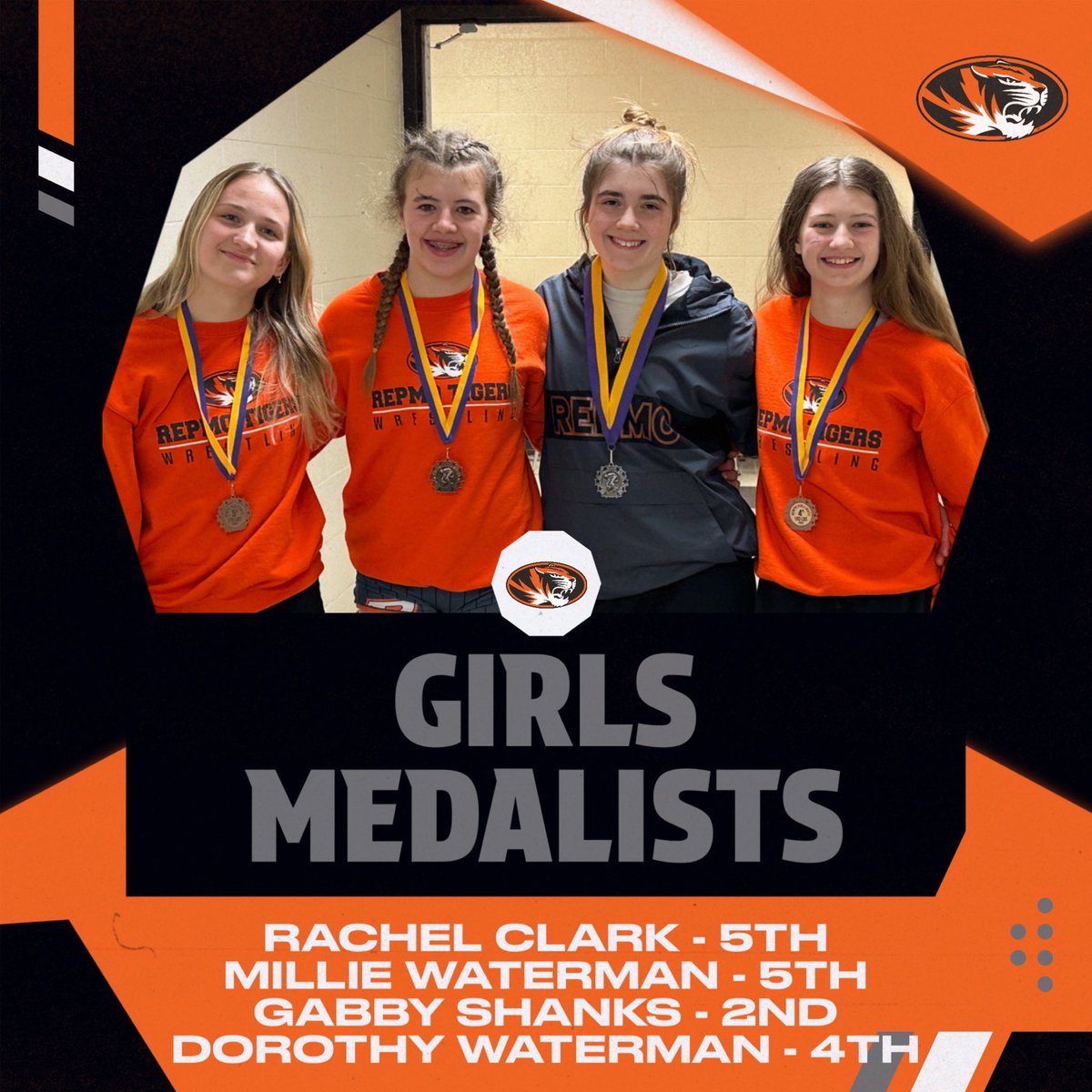 RepmoWrestling's tweet image. The boys finish 7th and the girls 8th at the Hickman Tournament. Congratulations to our medalists! #repmowrestling #repmo #repmotigers