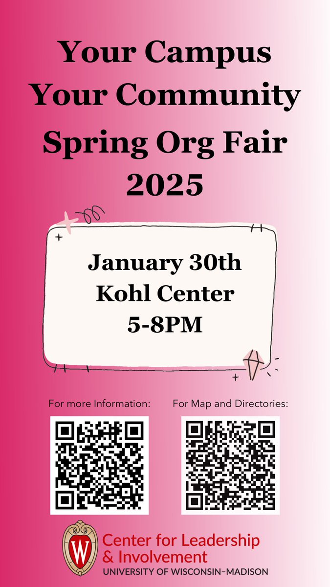 SOLI @ UW-Madison (@uw_soli) on Twitter photo Don’t miss your chance to connect, explore, and find your community! The Spring Org Fair is just around the corner—come see what amazing opportunities are waiting for you. There will be over 400 clubs waiting for you!
Thursday, January 30th
Kohl Center
5-8PM Don’t miss your chance to connect, explore, and find your community! The Spring Org Fair is just around the corner—come see what amazing opportunities are waiting for you. There will be over 400 clubs waiting for you!
Thursday, January 30th
Kohl Center
5-8PM