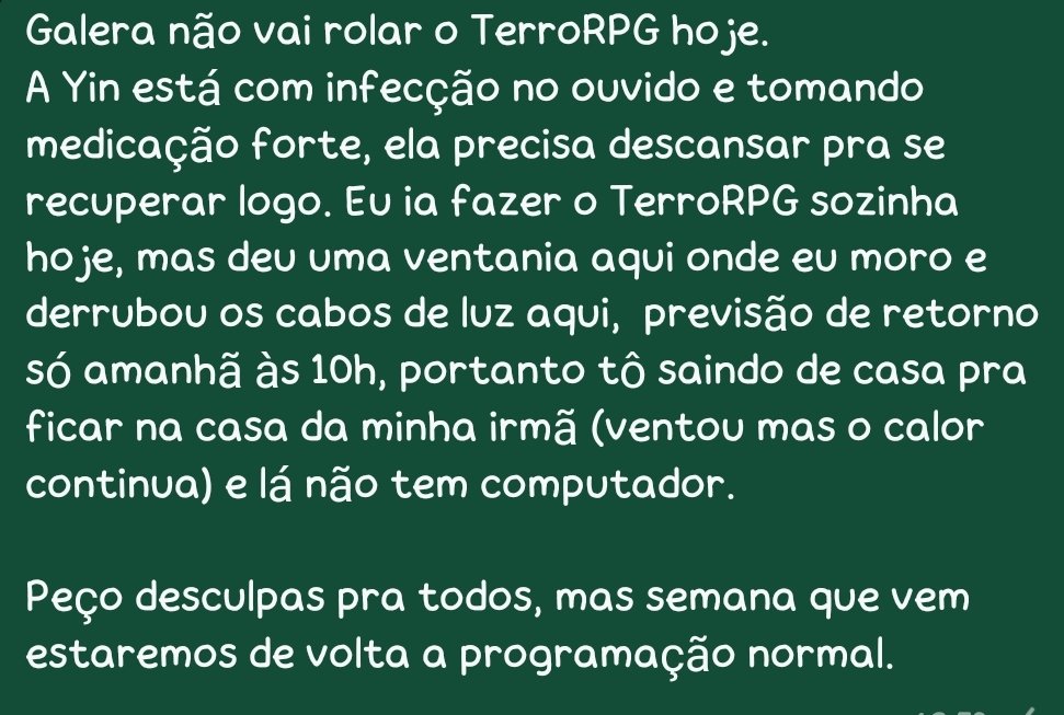 mionelefay's tweet photo. Pessoal!!!! Sobre o #TerroRPG de hoje.
Já aproveito pra avisar que isso deve afetar os vídeos do canal nessa semana também (já que costumo gravar no final de semana) https://t.co/RbiXyhsvbY