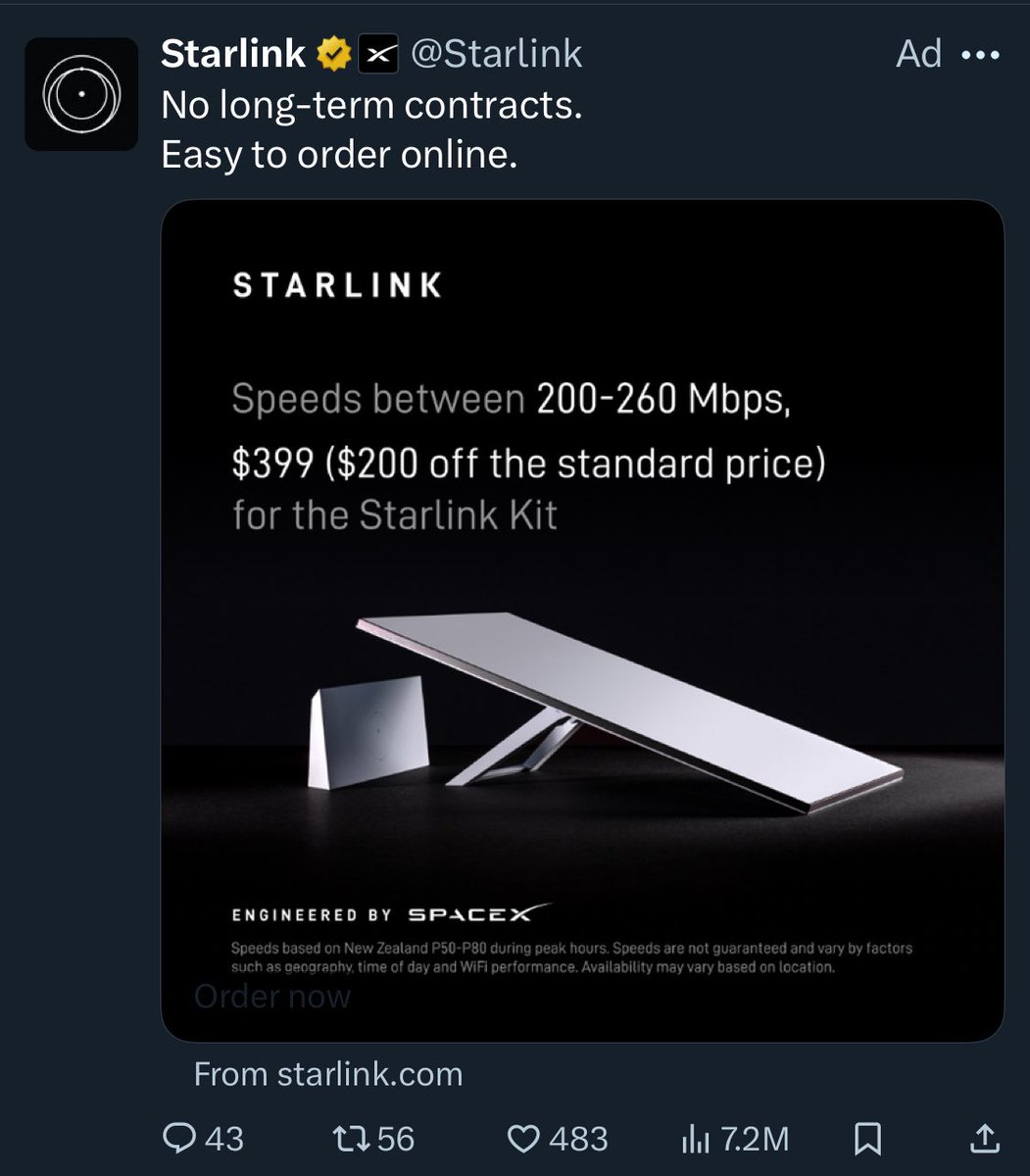 codjinLA's tweet image. I am getting regularly served this ad on @X from @Starlink while connected to the internet via @Starlink … I am no expert on EFFICIENCY @elonmusk but I believe there’s probably some improvement to be made here 😉