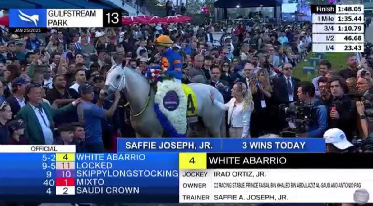 Congratulations to the connections of White Abarrio on your 2025 Pegasus World Cup win! Trained by Saffie Joseph and Owned by the connections of C 2 Racing Stable, Prince Faisal bin Khaled bin Abdulaziz Al-Saud and Antonio Pagnano 💪🏼💜 #winwithGMP
