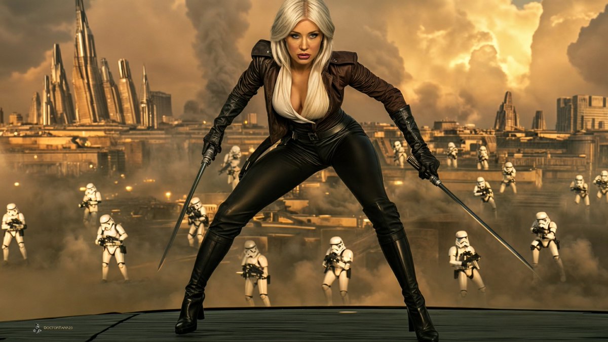 Ibuprophen's tweet photo. Savana Bond Smuggler - SWTOR 
#AIArt #SavanaBond #StarWars #NarShaddaa #Stormtroopers #SciFiArt #DigitalArt #CreativeAI #ArtOfTheDay #SpeculativeFiction #DualSwords #EpicBattle #StarWarsUniverse #DarkSciFi #GalacticAdventure #Smuggler https://t.co/ordUgmxfkg