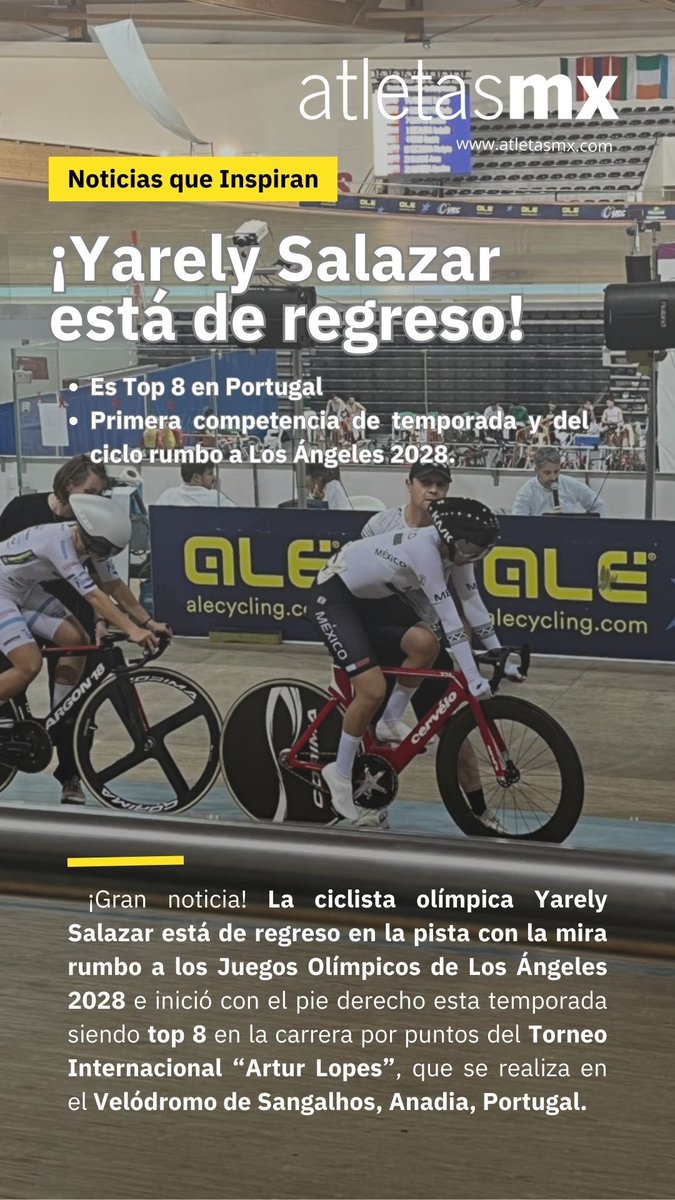 atletasmxof's tweet photo. 🚨 ¡Yarely Salazar 🚴‍♀️ está de regreso! es Top 8 en Portugal ✅ Primera competencia de temporada y del ciclo rumbo a Los Ángeles 2028.
.
.
.
@yareliisalazar @UCI_cycling 
#buenasnoticias #ciclismo #cycling #mexico #sinaloa #olympics #la2028 #portugal #uci  #atletasmx https://t.co/PjA4Z1KXKr
