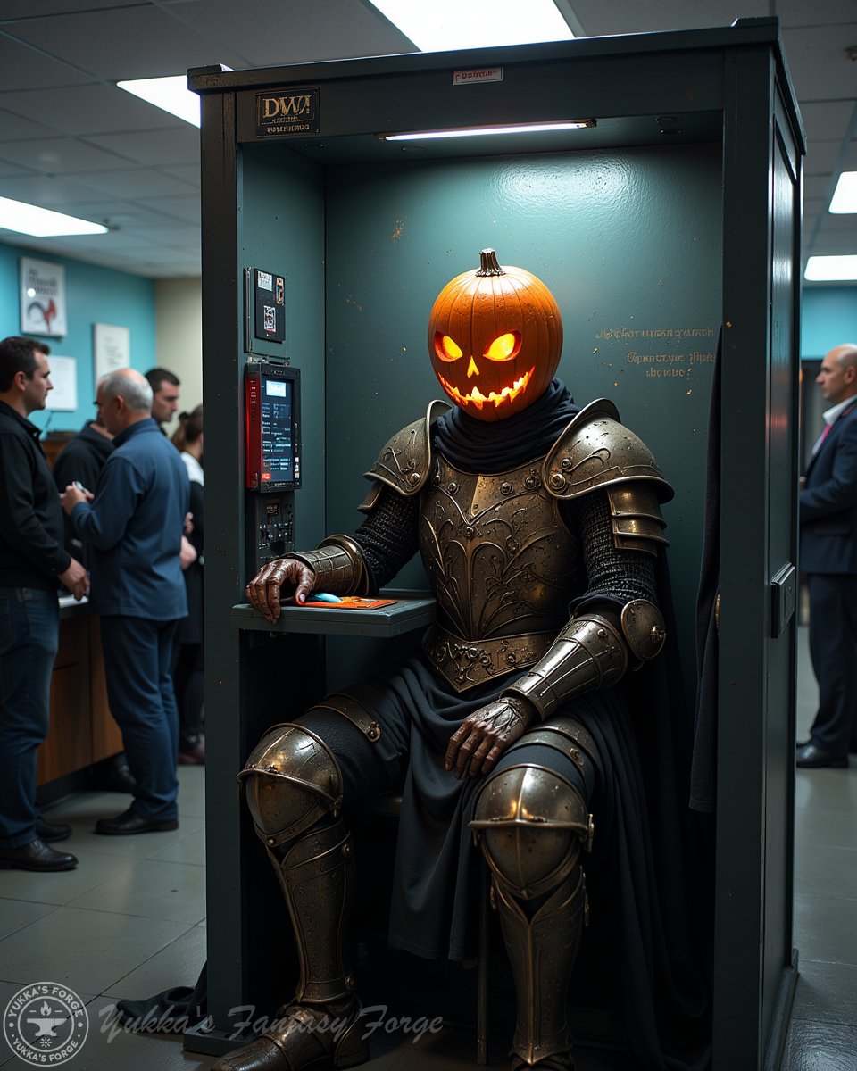 YukkasForge's tweet image. 🎃 &quot;DMV worker: &apos;You need to take off your helmet for the photo.&apos;
👻 Headless Horseman: &apos;...What helmet?&apos;&quot;*
Rules are rules, even for haunted legends! 🚦😂

#PumpkinProblems #DMVNghtmare #EvenMonstersNeedID #AiArt