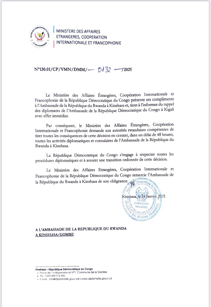 actuInter01's tweet photo. Guerre au Congo : le ministère des affaires étrangères congolais rappelle ses diplomates de Kigali avec un effet immédiat et donne un ultimatum de 48h à ces derniers d'arrêter toutes activités diplomates consulaires de l'ambassade de République Démocratique du Congo au Rwanda. https://t.co/bnkikGQmHy
