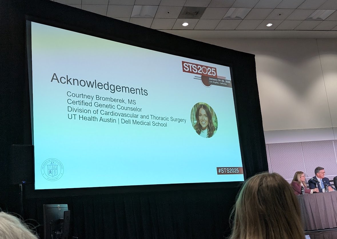 DellMedCardiacSurgery (@dellmedcardiac) on Twitter photo Our own <a href="/KarenMKimMD1/">Karen M Kim, MD</a> presenting on the importance of Genetic Screening in aortopathies at STS Aortic Universe. Our genetic counselor, Courtney Bromberek, makes sure our patients and their families are well supported. <a href="/STS_CTsurgery/">The Society of Thoracic Surgeons</a> #STS2025 Our own <a href="/KarenMKimMD1/">Karen M Kim, MD</a> presenting on the importance of Genetic Screening in aortopathies at STS Aortic Universe. Our genetic counselor, Courtney Bromberek, makes sure our patients and their families are well supported. <a href="/STS_CTsurgery/">The Society of Thoracic Surgeons</a> #STS2025