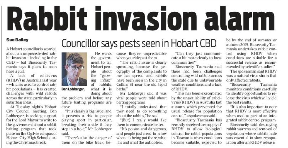 BenGlenHuon's tweet photo. Have you noticed the influx of rabbits in Hobart lately? Did you know the state govt laid poison baits at Ogilvie High School over the Christmas break? I’m calling for more information from the govt, including warnings for the local community *before* poison is laid #politas https://t.co/v11vGlLtUv