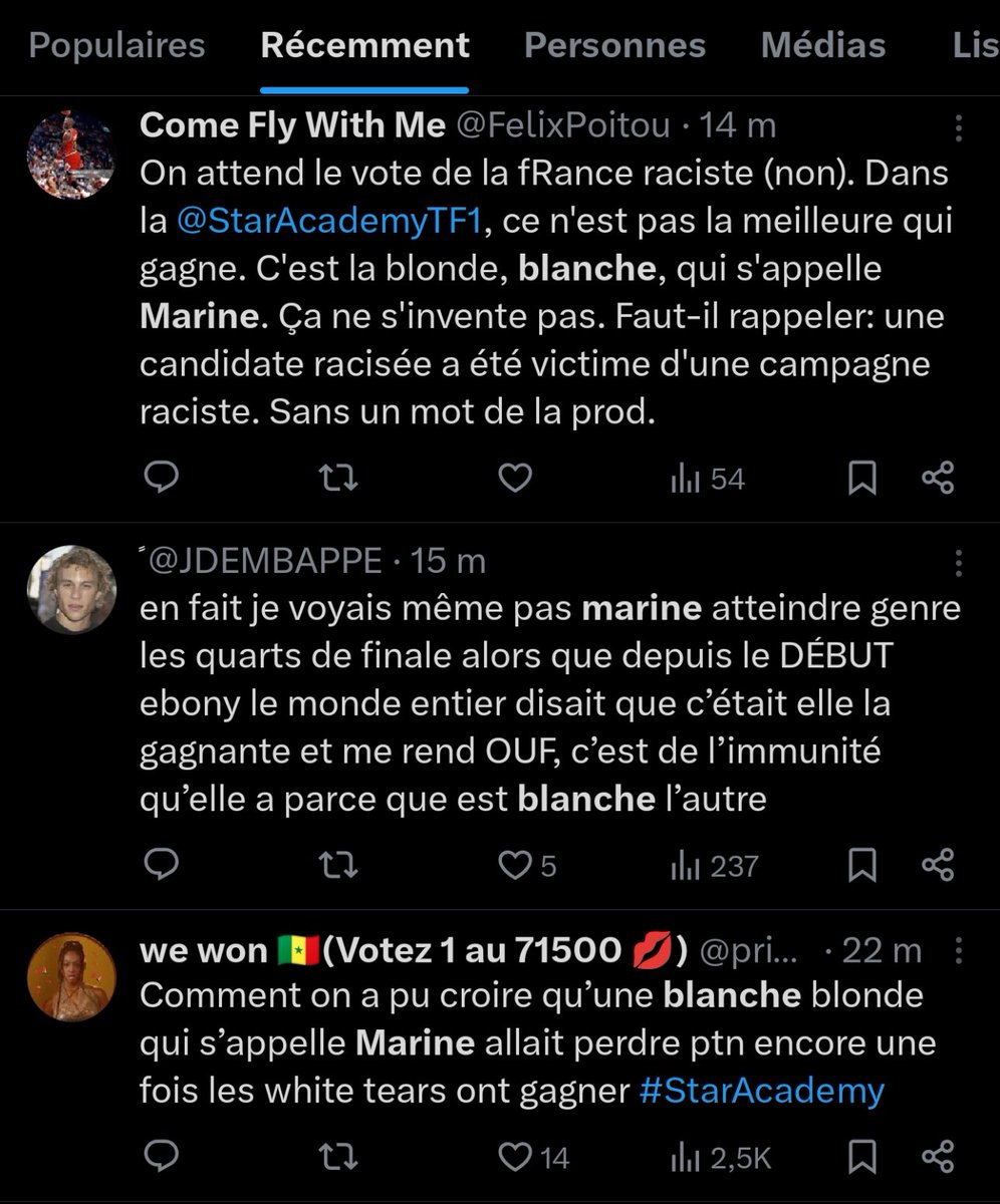 baugusteaura's tweet photo. Du coup ? C’est du racisme ou pas ? Puisque selon nos grands penseurs de gauche, le racisme anti-blancs n’existe pas… #MarineLaVictoire #staracademyleprime https://t.co/pyotxlPEOe