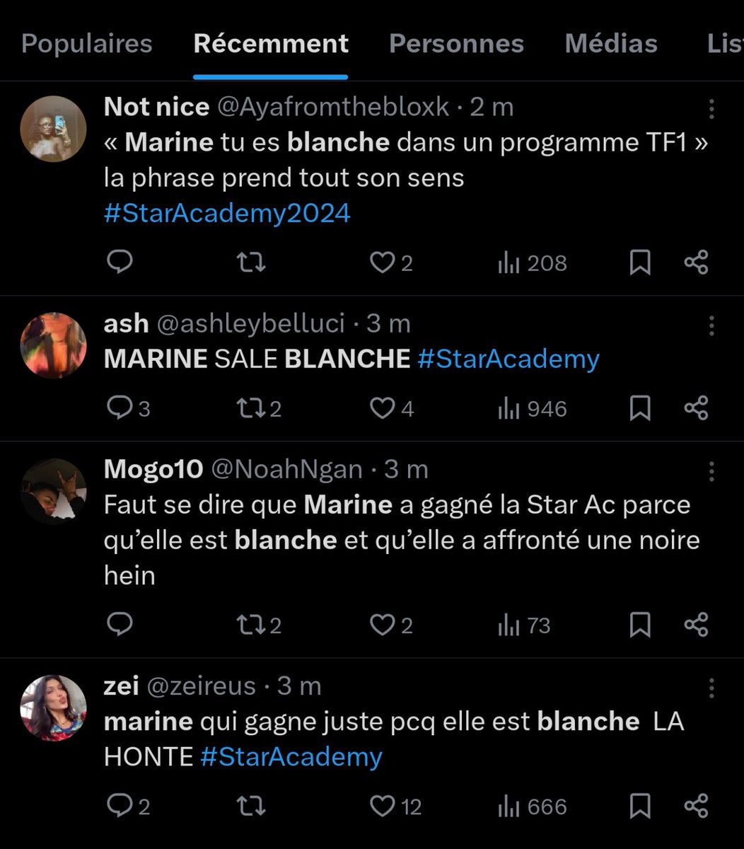 baugusteaura's tweet photo. Du coup ? C’est du racisme ou pas ? Puisque selon nos grands penseurs de gauche, le racisme anti-blancs n’existe pas… #MarineLaVictoire #staracademyleprime https://t.co/pyotxlPEOe