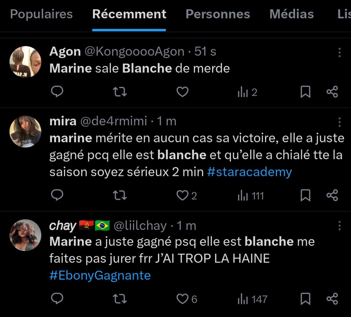 baugusteaura's tweet photo. Du coup ? C’est du racisme ou pas ? Puisque selon nos grands penseurs de gauche, le racisme anti-blancs n’existe pas… #MarineLaVictoire #staracademyleprime https://t.co/pyotxlPEOe