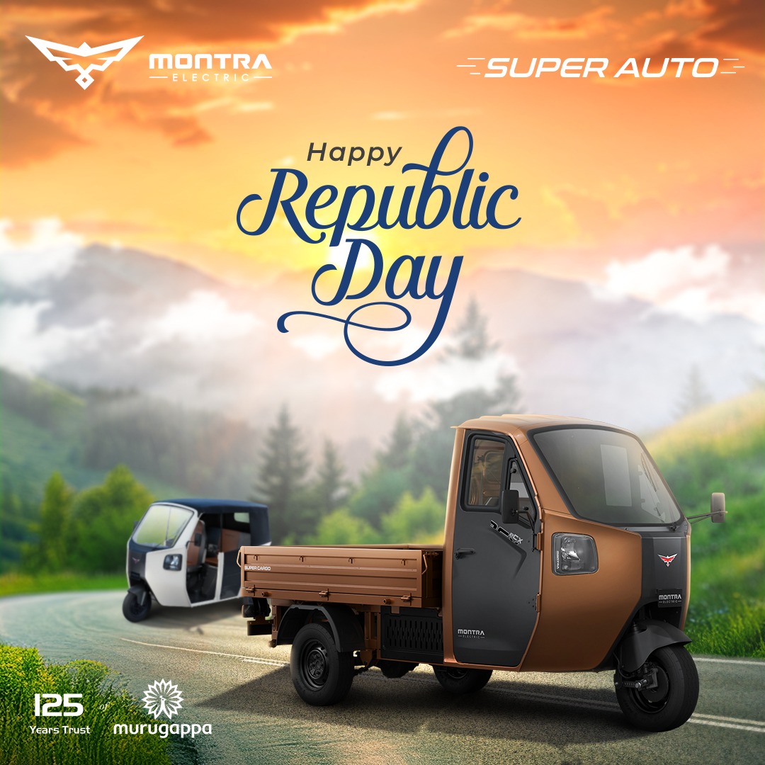 MontraElectric's tweet photo. Electric. Efficient. Empowering India. Happy Republic Day! 🇮🇳

#MontraElectric #HappyRepublicDay #MurugappaGroup #BetterMovesUs
#BharatKaSuperAuto #3W #CommittedtoBetter
#ElectricThreeWheeler #ElectricMobility #SuperCargo
#SuperAuto #ZeroEmission #EV #EcoFriendly
#ElectricAutoRickshaw