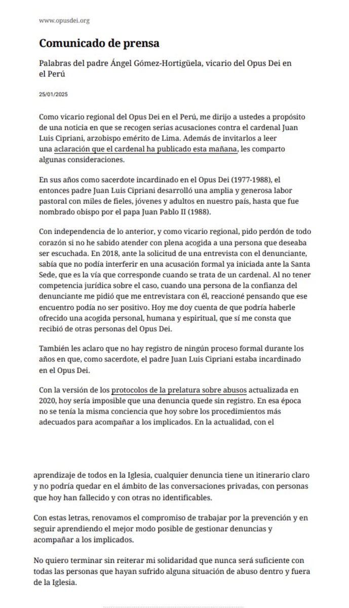 GTejads's tweet photo. Este es un comunicado del vicario del Opus Dei, hoy 25/01.
Confirma q la denuncia existe desde 1983 y q la orden NO HIZO NADA. 
El diario EL PAÍS no miente ni inventa… https://t.co/uPbyYYaLbh