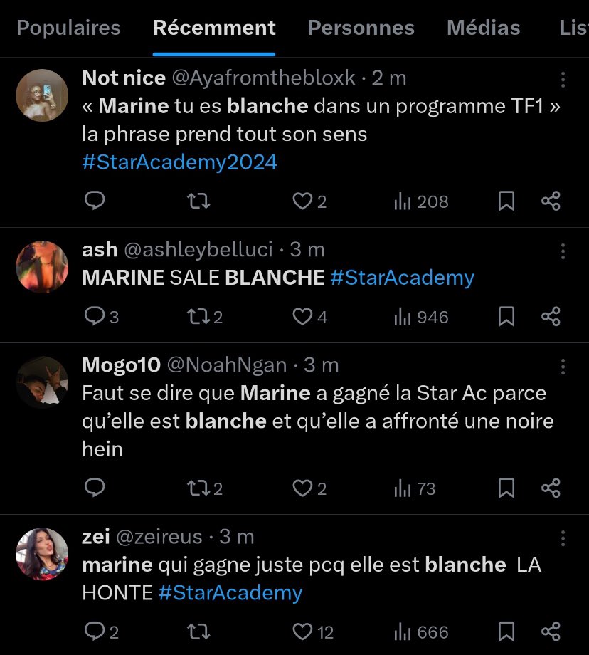 Le_Liberaal's tweet photo. Le racisme anti blanc contre Marine est une honte absolue.😳

 #StarAcademy https://t.co/11L1x0JJCu