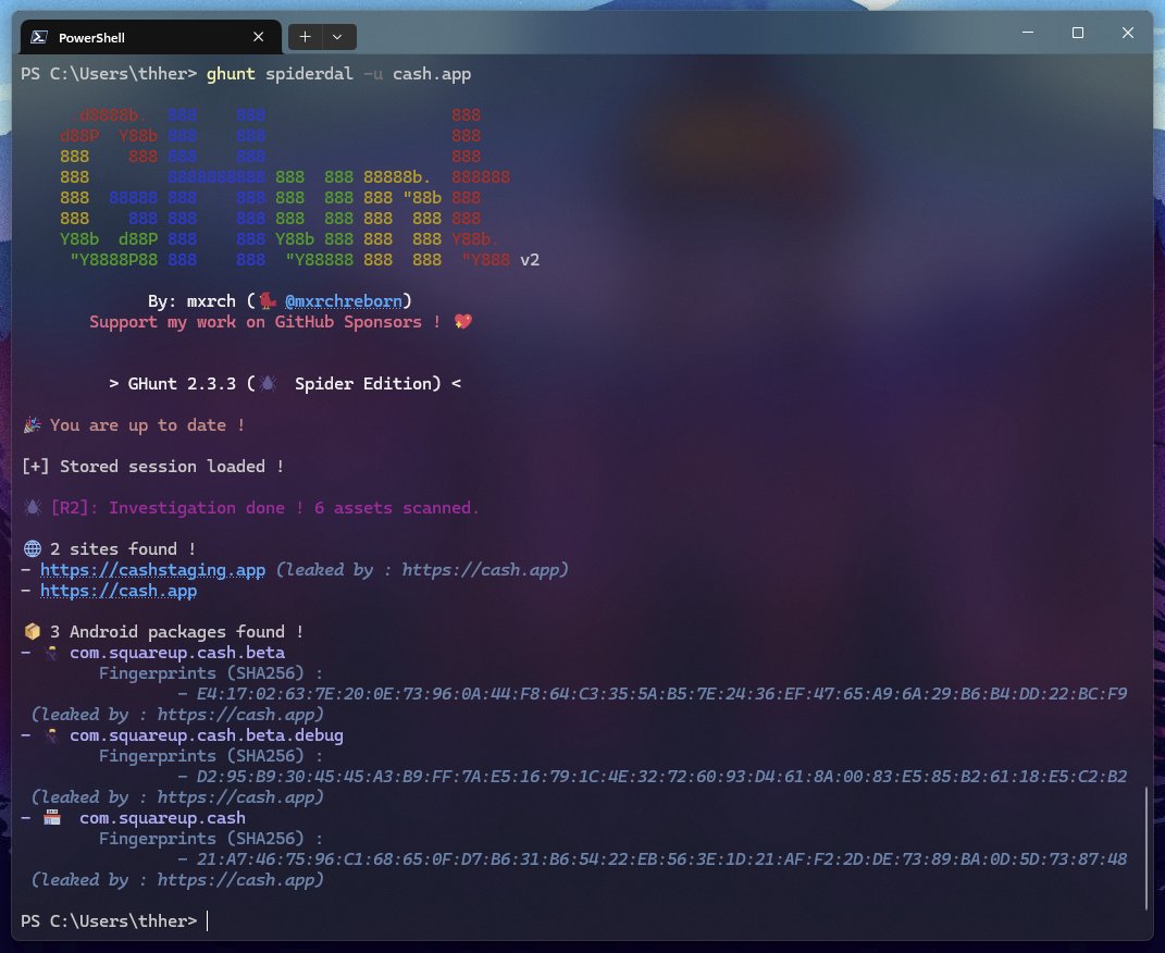 Released GHunt 2.3.3 with a new module : 🕷️ Spiderdal !
Put a domain name and quickly find tied assets, including the hidden ones, by abusing Google's assets links statements.

New way for doing recon before a pentest ! 🥳