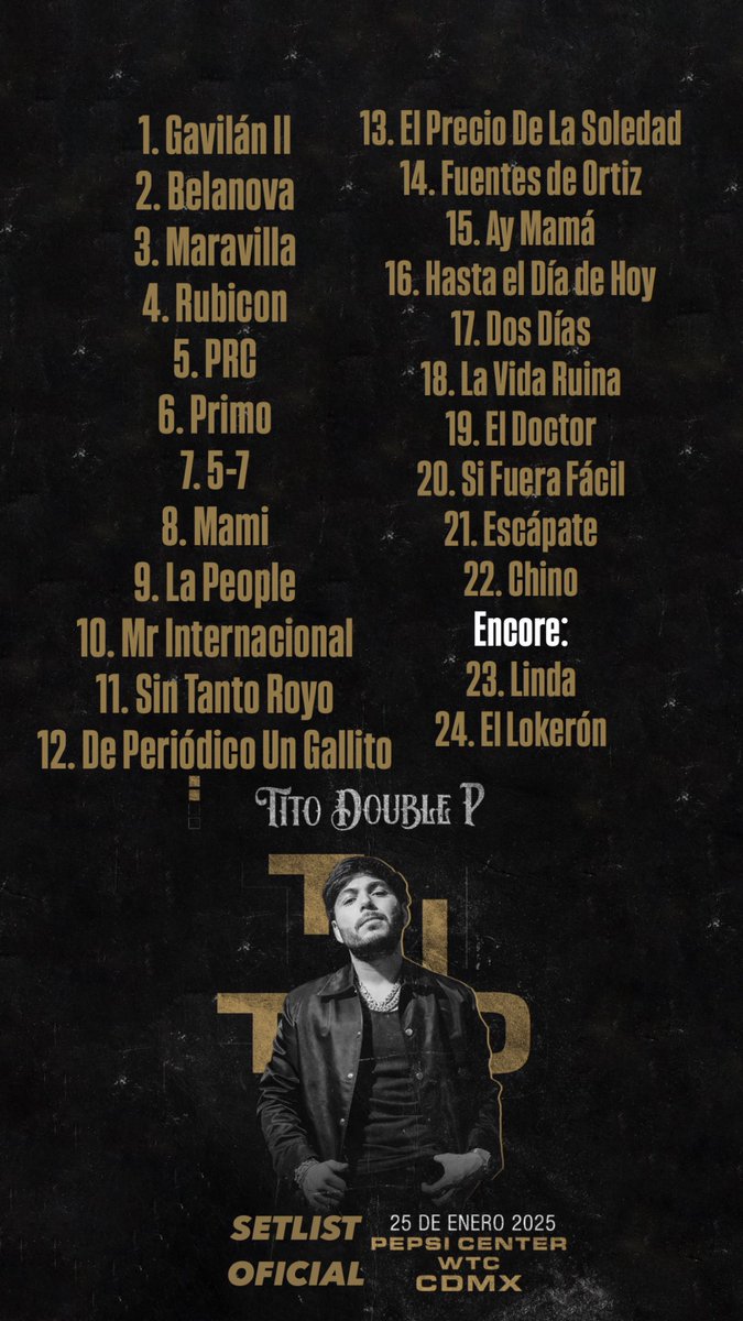 ailoviutl's tweet photo. Les comparto el SETLIST OFICIAL de TITO DOUBLE P @ Pepsi Center WTC 🏟️ CDMX 📍 25 de Enero del 2025 🗓️ ¡Ay Mamá Tour! 🤠
🚨 Repertorio con la lista exacta de canciones que cantará esta noche 🚨
#TitoDoubleP #Concert #Concierto #México #CDMX #DobleP #Ailoviutl #DoubleP #Music #Música #Tito #PepsiCenter #PepsiCenterWTC #WTC #WorldTradeCenter #Setlist #AyMamáTour