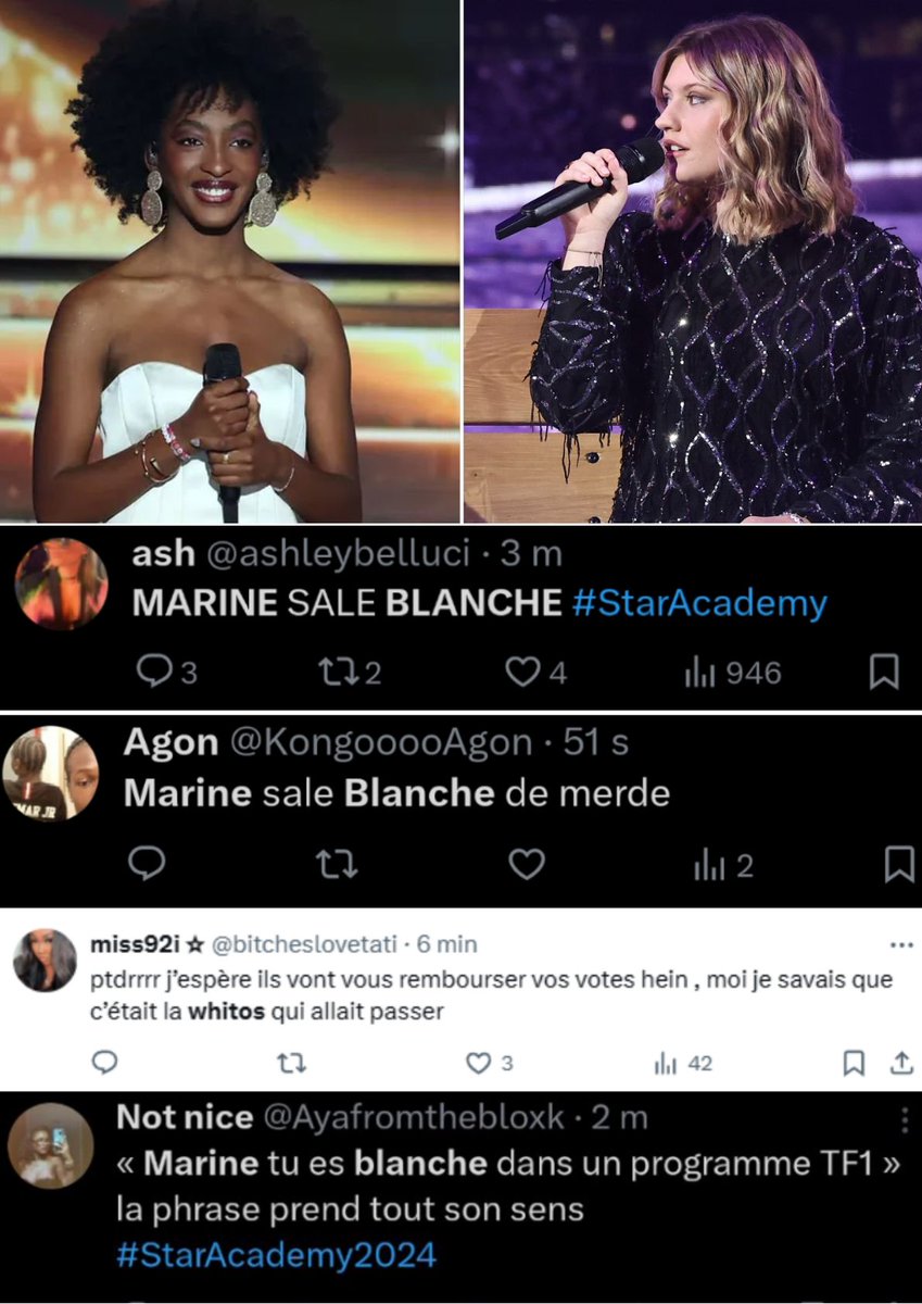 F_Desouche's tweet image. Star Academy : SOS Racisme dépose plainte après le racisme visant la candidate Ebony (MàJ : elle perd la finale, la gagnante Marine victime de propos anti-blancs. "Sale Blanche de merde") #StarAcademy
fdesouche.com/2025/01/26/sta…