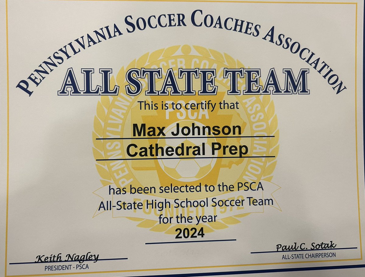 Great day in Harrisburg at the Pennsylvania Soccer Coaches Association 2024 awards ceremony. Congrats to our very own Max Johnson on being All State! !We are so proud of you! 🧡🖤⚽️ <a href="/_max_johnson9/">Max Johnson</a> <a href="/CPRamblers/">Cathedral Prep</a> <a href="/CPRallyClub/">CP Rally Club</a>
