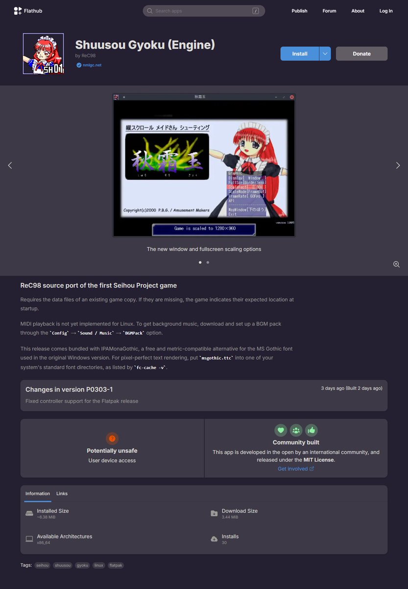 ReC98Project's tweet image. 🚚 The 100% native Linux port of Seihou 1, Shuusou Gyoku, is now ready and live!

The game's engine is now available on the Arch Linux AUR and on Flathub. Requires the data files of an existing game copy.