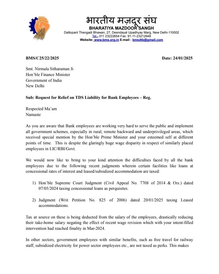 barsima77's tweet photo. Bhartiya Majdoor Sangh made a letter to Nirmala Sitharaman regarding #TaxOnPerquisites apllied to bankers. #TaxTerrorism #AbolishIncomeTax https://t.co/veP1auBIr7