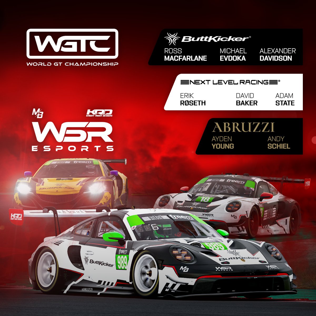 WSResports's tweet photo. The World GT Championship returns! Tomorrow, Season 17 starts. We have 8 drivers & 3 teams in 2 different cars, all fighting for honours
Partners:
@TheButtKicker
@nextlvlracing
@Abruzzionline
@MBSimphotos
Knight Rider Designs
@iRacing @RaceSpotTV #wsresports #ButtKicker #nextlevelracing #abruzzi #esports #esport #simracing #virtualracing #iracingworld #iracing #racingteam