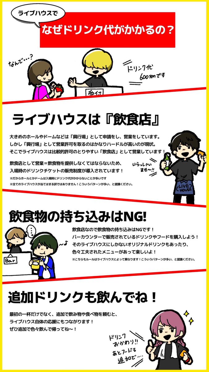 最近ライブハウスに初めて来られる方が増えたので…

【なぜライブハウスでドリンク代がかかるのか】

についてまとめました！

初めてライブ来た人の疑問解消の為にも、ライブ産業活性化のためにも拡散よろしくお願いします！