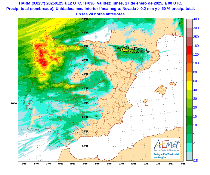 AEMET_Aragon's tweet photo. PCP 🌧️ó 🌨️DOM 26 y LUN 27 (contorno en negro en forma de #nieve❄️) Los acumulados serán importantes en #Pirinieos, pero la marcada variación en la #cotadenieve determinará diferencias notables en las variaciones de espesor del manto nivoso. 👇🧵 https://t.co/fLfCA4p6qs