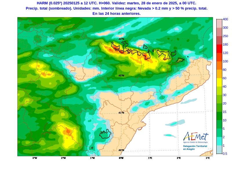 AEMET_Aragon's tweet photo. PCP 🌧️ó 🌨️DOM 26 y LUN 27 (contorno en negro en forma de #nieve❄️) Los acumulados serán importantes en #Pirinieos, pero la marcada variación en la #cotadenieve determinará diferencias notables en las variaciones de espesor del manto nivoso. 👇🧵 https://t.co/fLfCA4p6qs
