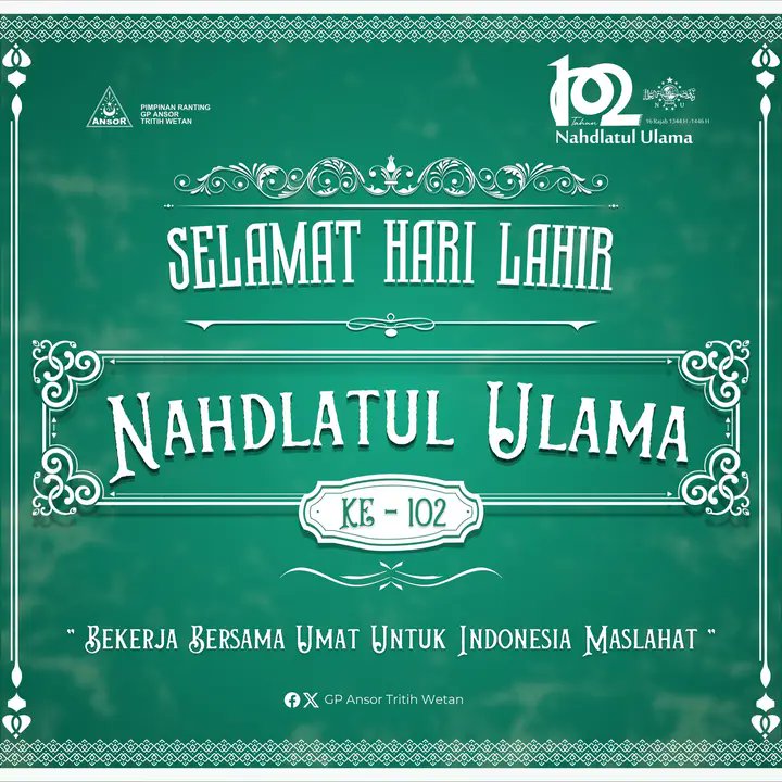 gp_ansortw's tweet photo. Selamat Harlah Ke - 102 Nahdlatul Ulama
"Bekerja bersama umat untuk indonesia maslahat"
#harlahNu #gpansor #banser #mdsrijalulansor https://t.co/biu68Jg8Iw