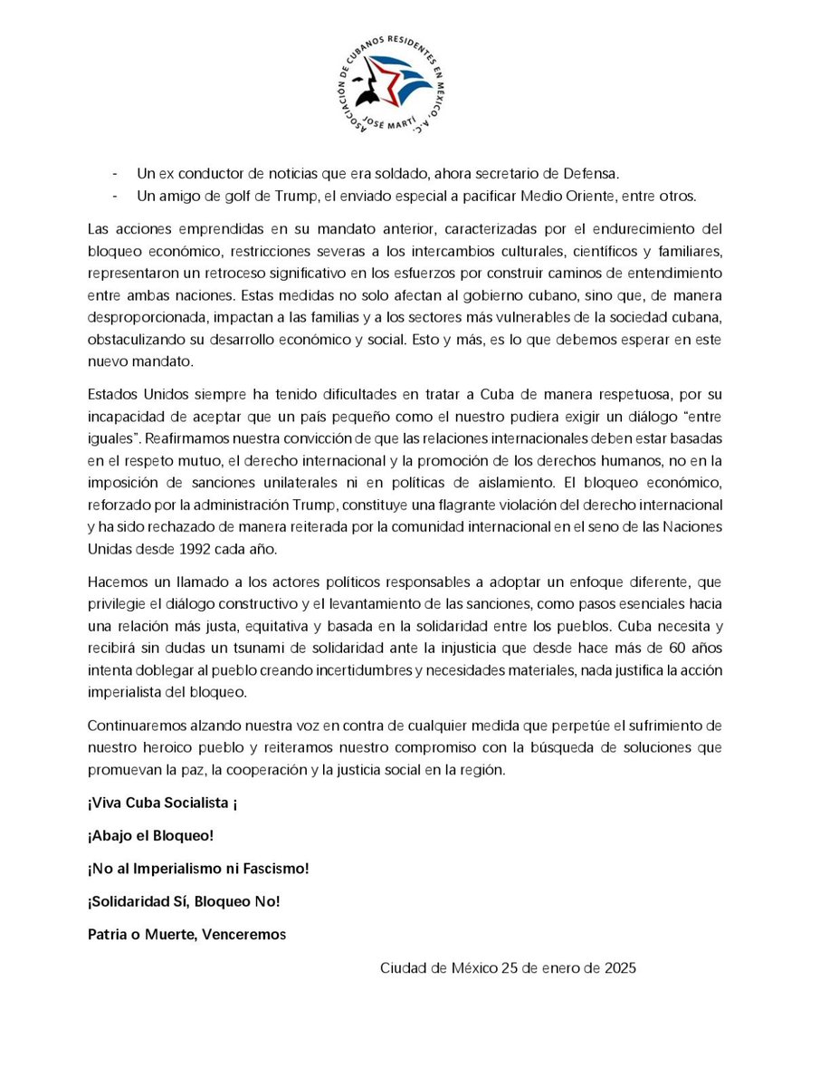 Declaración de la Asociación de Cubanos🇨🇺Residentes en México 🇲🇽 José Martí en el mitin contra la inclusión de Cuba en la espuria lista de estados patrocinadores del terrorismo.

#FueraDeLaLista
#CubaNoEstáSola