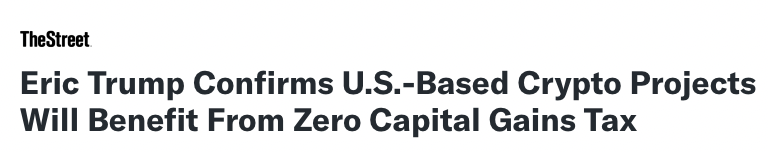 unusual_whales's tweet image. BREAKING: Eric Trump has reportedly confirmed that some U.S.-based crypto projects will soon benefit from zero capital gains tax, while non-U.S.-based projects will face a 30% capital gains tax, per The Street: