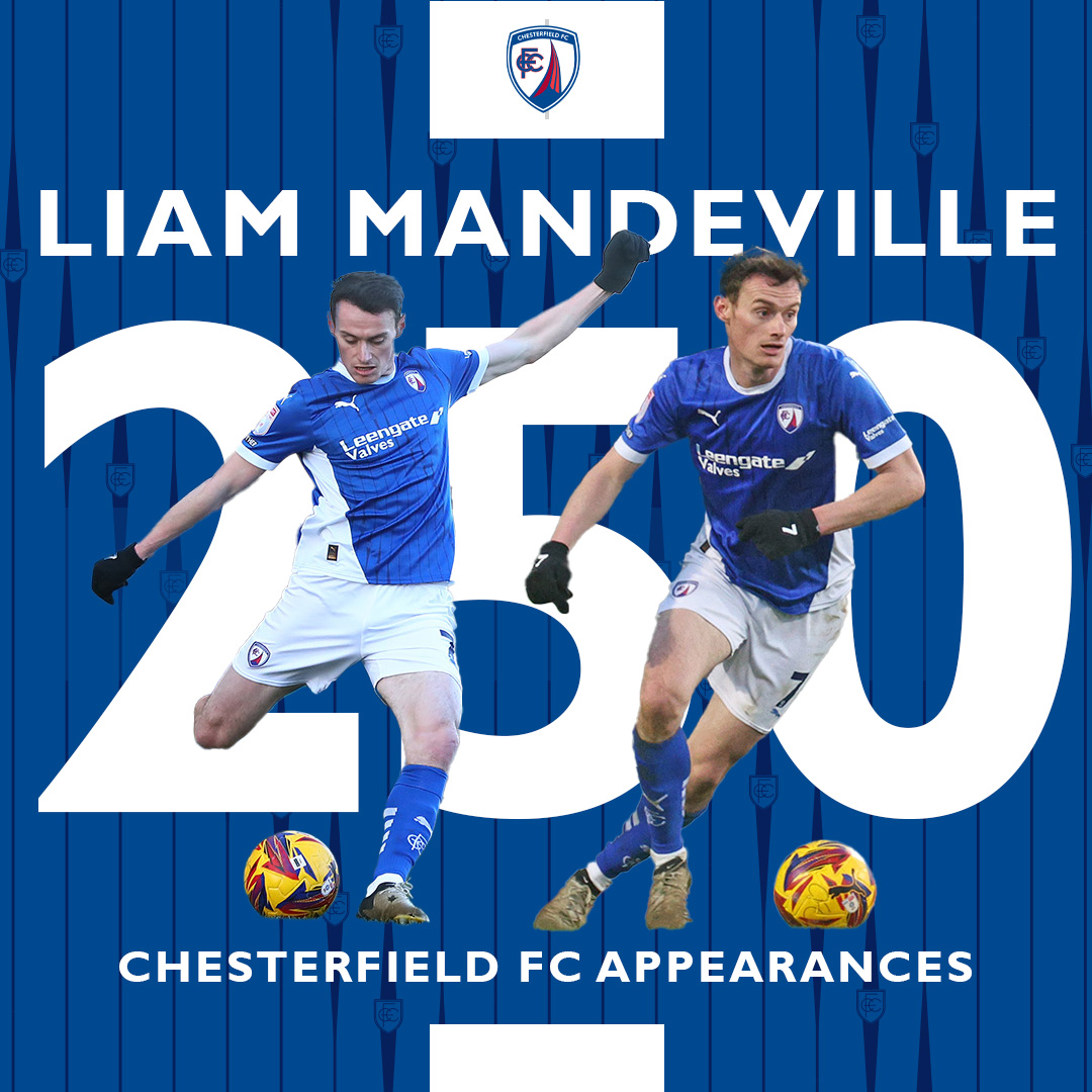 ChesterfieldFC's tweet photo. 𝗟𝗶𝗮𝗺 𝗠𝗮𝗻𝗱𝗲𝘃𝗶𝗹𝗹𝗲 | 𝟮𝟱𝟬 𝗖𝗵𝗲𝘀𝘁𝗲𝗿𝗳𝗶𝗲𝗹𝗱 𝗔𝗽𝗽𝗲𝗮𝗿𝗮𝗻𝗰𝗲𝘀 💙

Congratulations to Liam Mandeville, who recently made his 250th appearance for the club in Saturday's home fixture against Port Vale.

What a player 👏

#Spireites https://t.co/rsPIsdqYz7