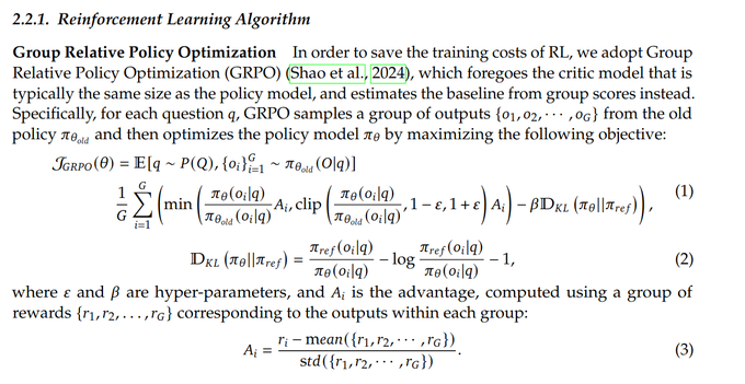 hallerite's tweet photo. I believe that a misunderstanding of the formula for GRPO is currently spreading, because people don't actually look at formulas in detail. can someone please check my sanity? because surely someone else would have noticed, if I was right.

in the deepseek-r1 paper, square brackets are used to denote what we take the expectation over (i.e. the domain of the expectation), which is of course highly unusual and confusing, as we usually put into square brackets what we take the expectation of. this leads many people to falsely believe that we have the expectation of q ~ P(Q) and {o_i}^G ~ \pi(O|q) times the 1 / G * sum term.

on the off-chance that I am indeed not wrong in my understanding, I believe that it would be beneficial for the sake of clarity if the authors would change the formula to fit the standard convention by turning that which is currently in the square brackets into a subscript of the expectation and putting the other term into square brackets.