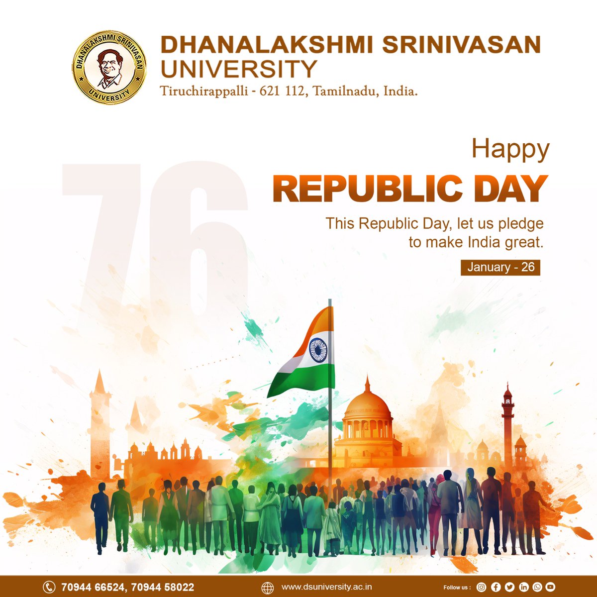 DSUTRY_OFFICIAL's tweet photo. 76 years of pride, unity, and the heartbeat of a billion dreams. Here's to the spirit of India that never fades! 🇮🇳✨ 
#RepublicDay #IndiaAt76 #JaiHind #DSU https://t.co/WwgrZwPnvO