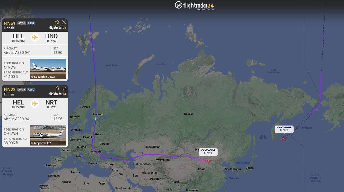 What is the fastest route from Helsinki to Tokyo? Flights AY61 and AY73 flew in completely different directions from Helsinki, but both are approaching Tokyo with similar flight times.