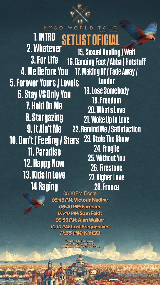 Les comparto el SETLIST OFICIAL de KYGO @ Estadio GNP Seguros 🏟️ CDMX 📍 25 de Enero del 2025 🗓️ World Tour 🎧

🚨 Repertorio con la lista exacta de canciones que tocará esta noche 🚨

#KYGO #EstadioGNPSeguros Part Two #Concierto #GNPSeguros #Music #EstadioGNP #Concert #ForoSol