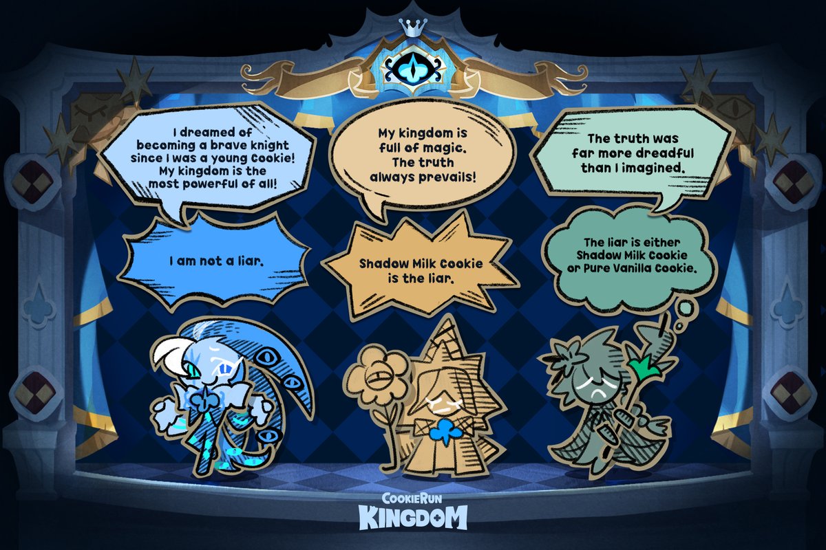 CRKingdomEN's tweet photo. The truth can also be riddled with lies... 

Can you figure out what the truth is? 

and who the liar is?👀

Let us know in the comments! ✍️

#CookieRun #CookieRunKingdom #CRK4th #CookieRunKingdom4thAnniversary #ShadowMilkCookie #PureVanillaCookie #WhiteLilyCookie https://t.co/oaMP5rdBXX