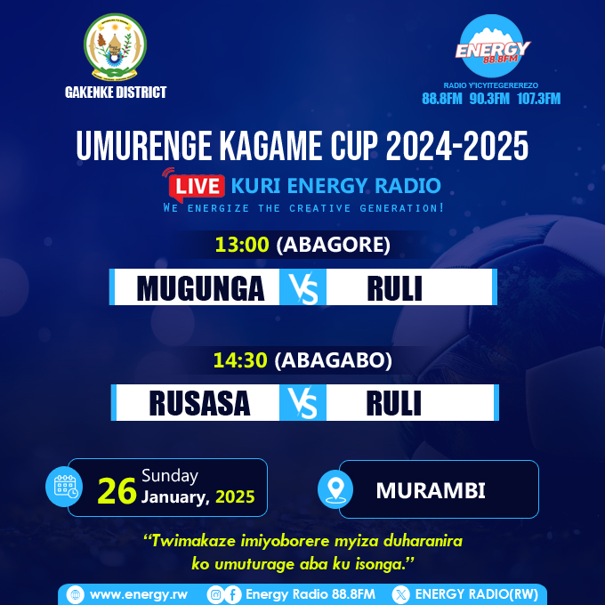 ENERGY888FM's tweet photo. Tubararikiye gukurikira #Live irushanwa #UmurengeKagameCup 2024/2025 kuri Energy Radio muri @GakenkeDistrict .
Saa 13:00'
1⃣ Mugunga vs Ruli (Abagore)
Saa 14:30'
2⃣ Rusasa vs Ruli (Abagabo)
Imikino irabera ku kibuga cya Murambi mu murenge wa #Rusasa.
"Twimakaze imiyoborere myiza duharanira ko Umuturage aba ku Isonga."
@RwandaLocalGov @GovernanceRw @PatriceMugenzi @mskayisire @DodoPicard @RwandaNorth @gahundemaurice
