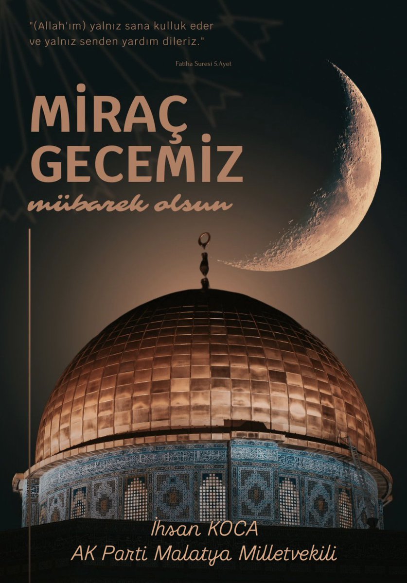 Hüzün yılında, Mekke'de daralan Peygamber'imizi Miraç'la ferahlatan Rabbim! Bizi de Miraç ile ferahlat..🤲🏻

Tüm İslam âleminin mübarek Miraç Gecesi’ni tebrik ediyor; bu rahmet dolu gecenin kardeşliğe, barışa, huzura ve hayırlara vesile olmasını Allah'tan niyaz ediyorum.

Miraç