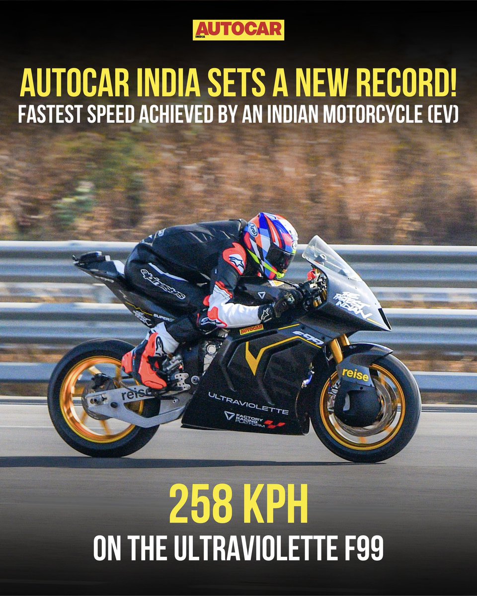 autocarindiamag's tweet image. Crossing the 250 kph barrier with a made-in-India machine! By taking the Ultraviolette F99 to a blistering 2️⃣5️⃣8️⃣ kph, we’ve set a new record for the Fastest Speed Achieved by an Indian Motorcycle (EV).
