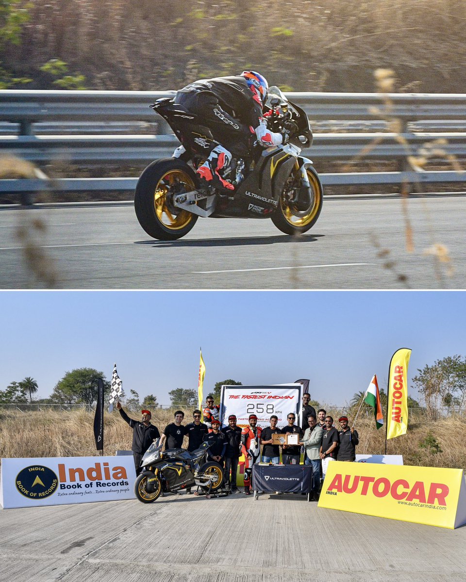 autocarindiamag's tweet image. Crossing the 250 kph barrier with a made-in-India machine! By taking the Ultraviolette F99 to a blistering 2️⃣5️⃣8️⃣ kph, we’ve set a new record for the Fastest Speed Achieved by an Indian Motorcycle (EV).