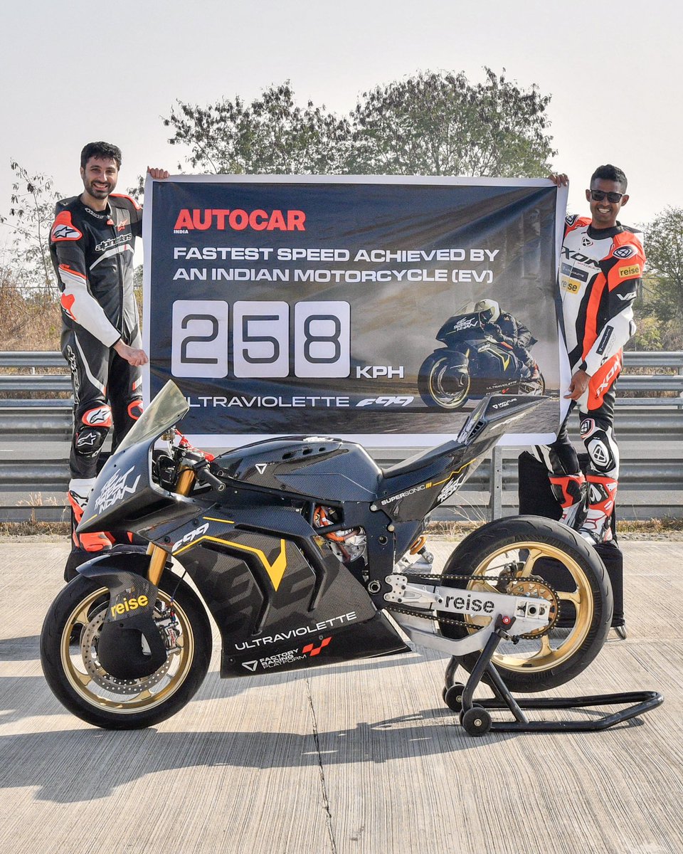 autocarindiamag's tweet image. Crossing the 250 kph barrier with a made-in-India machine! By taking the Ultraviolette F99 to a blistering 2️⃣5️⃣8️⃣ kph, we’ve set a new record for the Fastest Speed Achieved by an Indian Motorcycle (EV).