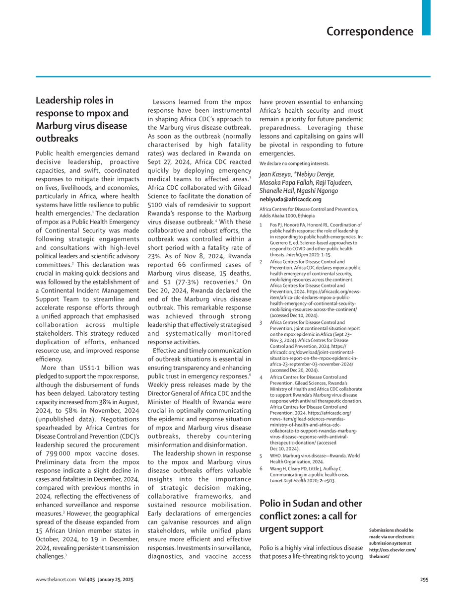 Africa CDC (@africacdc) on Twitter photo 💡 Lessons from the #mpox and #Marburg outbreaks highlight the importance of early action, collaboration, and investment in surveillance, diagnostics, and vaccines.
Read more in our latest article published in <a href="/TheLancet/">The Lancet</a>: ow.ly/SG1Q50UMxB6
#AfricaCDC #NewPublicHealthOrder 💡 Lessons from the #mpox and #Marburg outbreaks highlight the importance of early action, collaboration, and investment in surveillance, diagnostics, and vaccines.
Read more in our latest article published in <a href="/TheLancet/">The Lancet</a>: ow.ly/SG1Q50UMxB6
#AfricaCDC #NewPublicHealthOrder