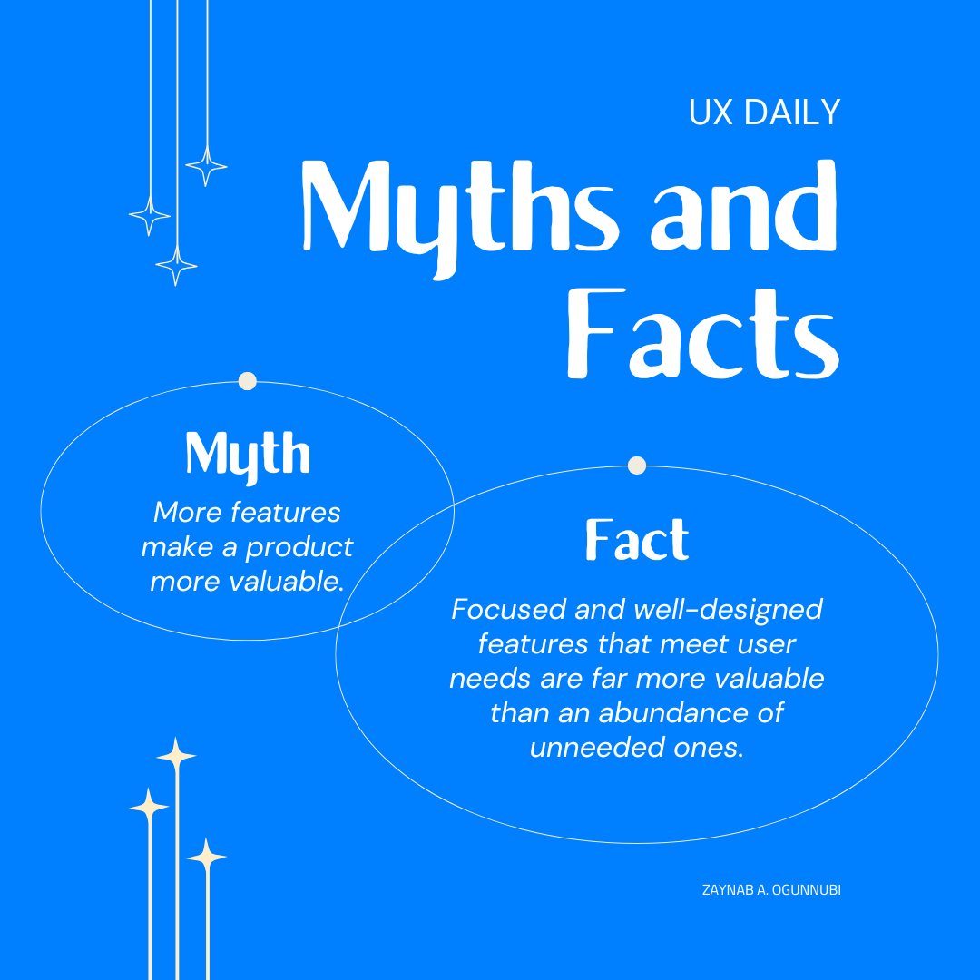 slimfit_zee's tweet photo. Myth ❌: “More features make a product more valuable.”
Fact ✔️: Less is more when it comes to UX. Well-designed features that solve real user problems are more valuable than an overwhelming feature list.
#ux #design #uxdesign #Myths #uiux #Facts #DesignTruths #UserExperience https://t.co/bXb47NQ5XN