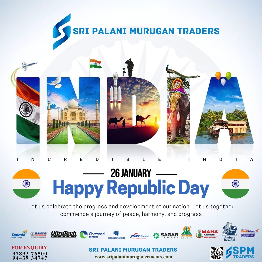 spmtraderscbe's tweet photo. Sri Palani Murugan Traders Wishes You a Happy Republic Day! 
Cement Supplier in Coimbatore - Dalmia | Ramco | UltraTech | Chettinad | JSW | Sagar | Ambuja Cement | India Cements | Anjani | Maha | JK Wallputty 
For Orders CALL : 97893 76500 | 9443934747
Supply Min 50 Bags Onwards. https://t.co/ShswSIeyAf