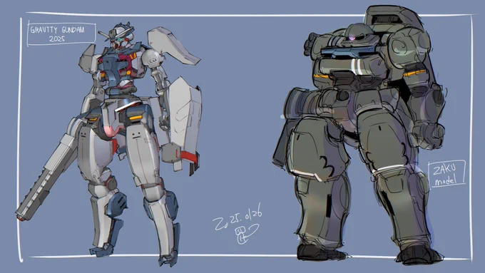 今日のロボ描きグラガン2025を描いたならザクモデルもと言う事でグラザク2025を落書き背中のシールド(対物理攻撃用)左右どちらにもレール上を移動展開ビーム兵器に対しては重力シールドを展開#オラザク #グラガン 