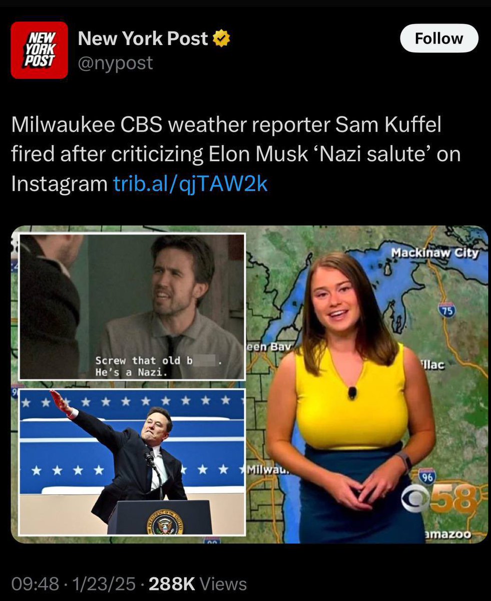 MickaelLaffont's tweet image. 🇺🇸Sam kuffel journaliste météo #CBS s’était vantée pdt l’ère #BidenHarris d’avoir pu se balader en sécurité seule au #Japan🇯🇵bloquant les commentaires racistes qui en avait découlé

Elle vient de se faire virer pour avoir critiqué sur Instagram le soit disant salut nazi #ElonMusk