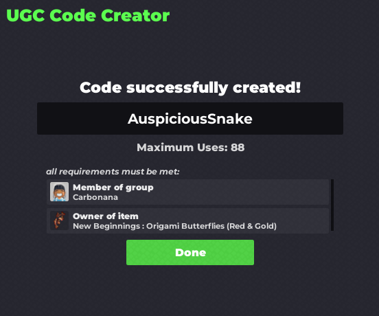 Ani the Auspicious Snake
>> roblox.com/catalog/101118…

:: Free for the OG owners of the New Beginnings : Origami Butterflies (Red &amp; Gold) >> roblox.com/catalog/107940…
:: Redeem Code "AuspiciousSnake" in Flex within Feb 11, 2025

#Roblox #RobloxDev #RobloxUGC #RobloxUGCLimited