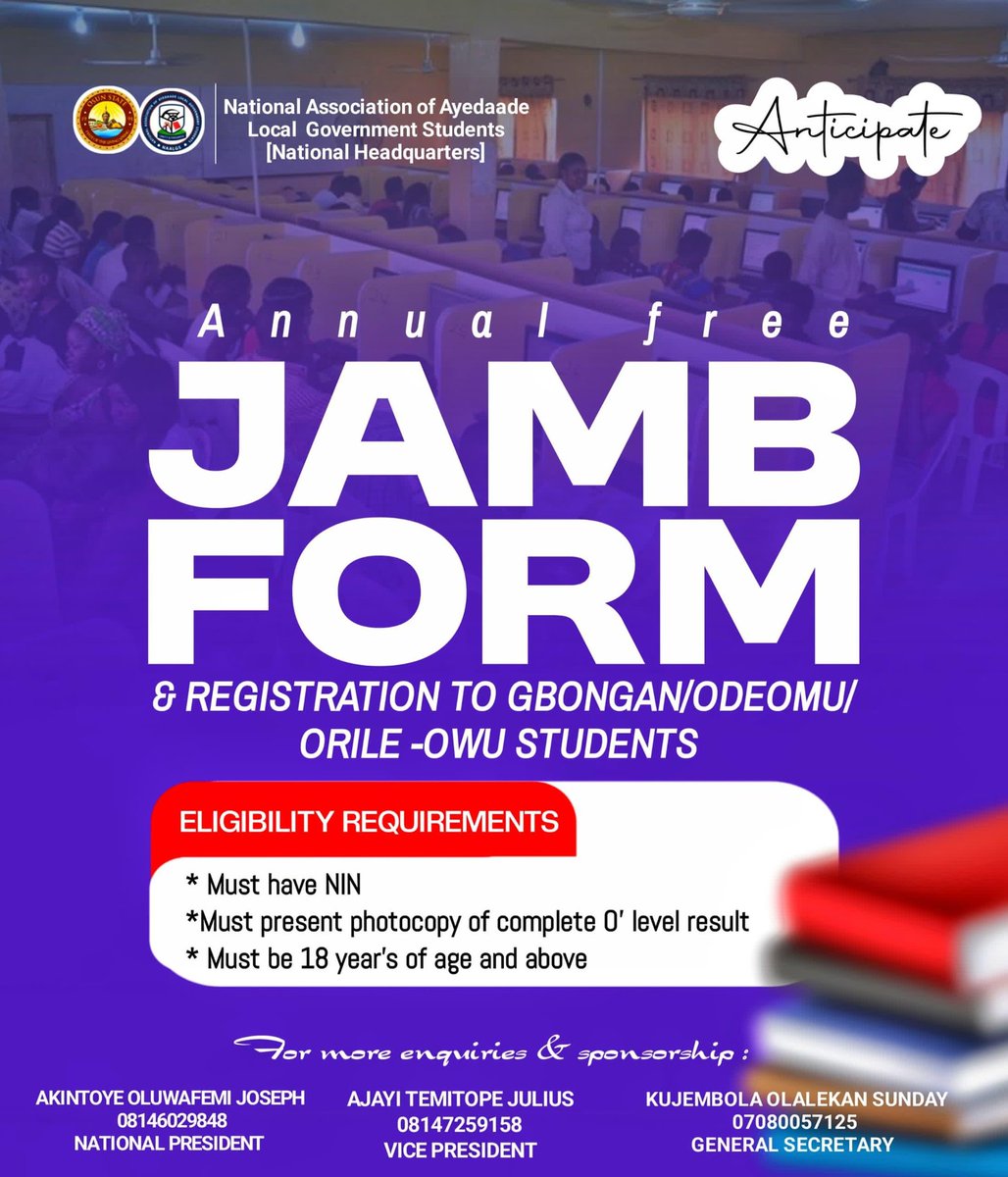 Naalgsayedaade's tweet image. The National Association of Ayedaade Local Government Students (NAALGS) executive council is proud to announce an exciting initiative: providing FREE JAMB forms to deserving students from Ayedaade Local Government Area.

#educationsupport
#sponsors
#positivevision
